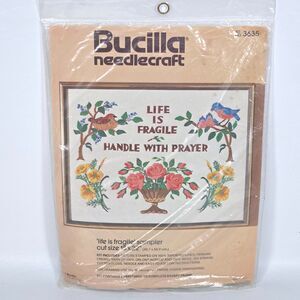 Vintage Bucilla Life Is Fragile Cross Stitch Kit 3635 Needlecraft Sampler Linen